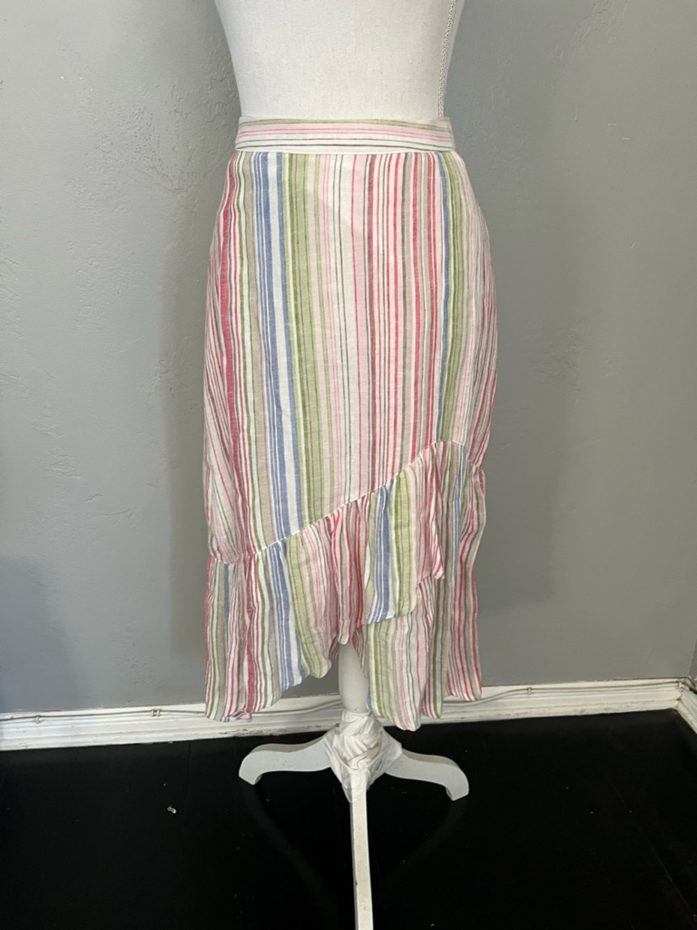 Tommy Bahama White Multi Pastel Stripe Asymmetrical Ruffle Skirt